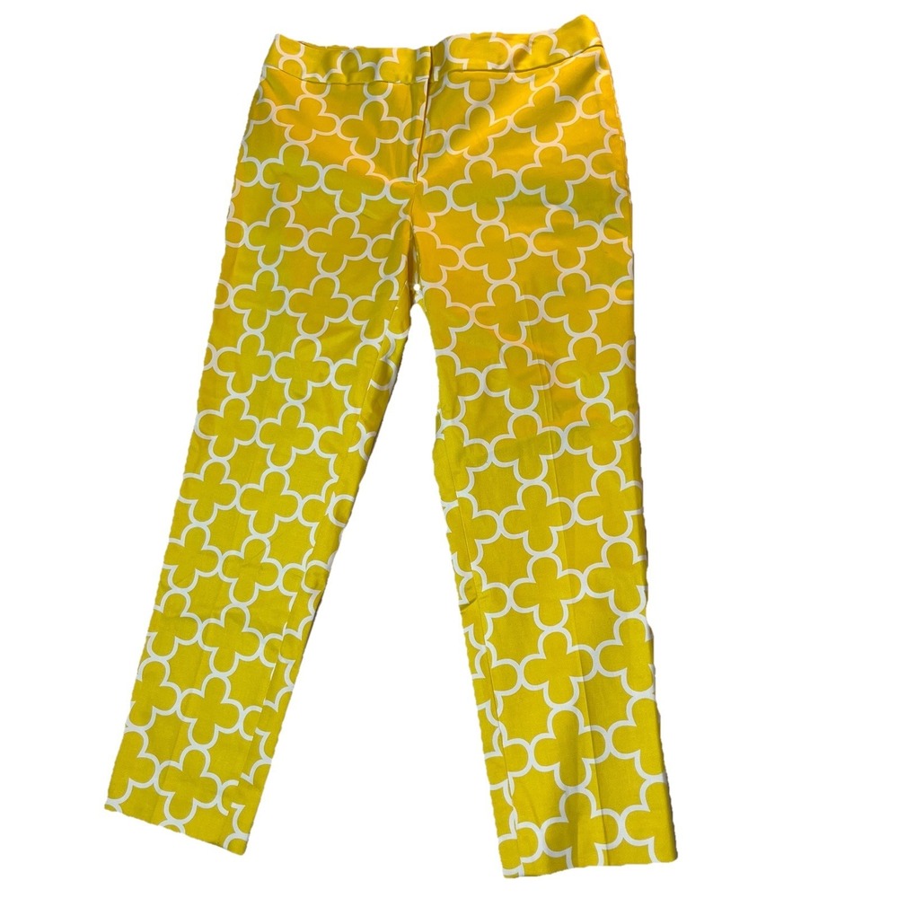 Vtg ELLIOTT LAUREN Womens 8 Pants Yellow White Floral Print Stretch Cotton